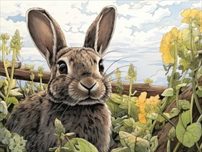 Illustrated serene rabbit among lush flowers in a detailed peaceful garden setting Ai generated