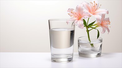 A clear glass of water and a small vase with pink flowers on a white surface illuminated by natural light Ai generated