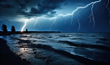 Lightning strike over the sea at stormy night. Nature background Ai generated