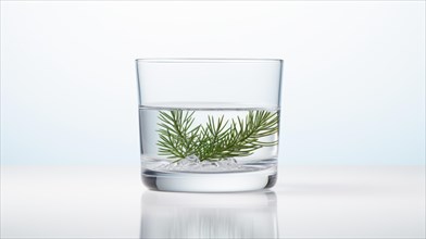 A clear glass half-filled with water containing a single green plant sprig