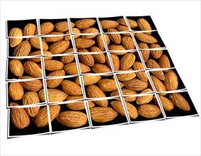Almonds on black background collage composition of multiple images over white