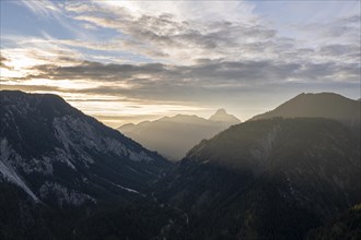 View of mountains and Ammerwald valley with summit Ammergauer Hochplatte