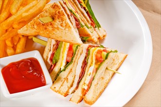 Fresh triple decker club sandwich with french fries on side