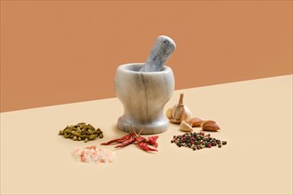 Natural marble mortar and pestle surrounded with spice
