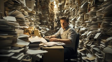 Bureaucracy: Employee sits at his desk in his office surrounded by a multitude of files to be processed