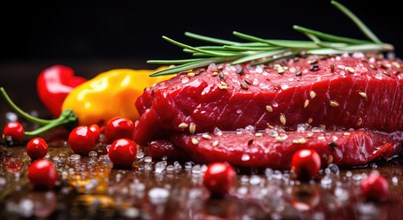 Raw beef steak with spices on a black background. Selective focus Ai generated