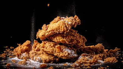 Crispy fried chicken fillet with flour on black background. Ai generated