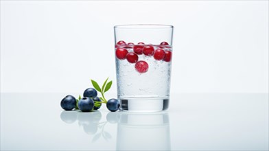 Glass of water with cherries and blueberries on a white background Ai generated