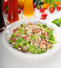 Fresh classic caesar salad with red and blonde beer on background