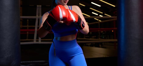 Noname photo of an athletic busty woman in a boxing ring. The concept of sports and mixed martial arts