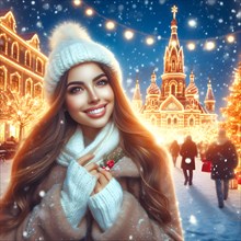 Portrait of a young cheerful woman with red lips and curly hair in a knitted sweater smiles against the background of a Christmas decorated Christmas tree and standing next to a church in December. AI...