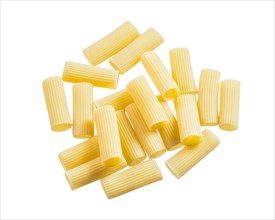 Heap of ribbed macaroni isolated on white