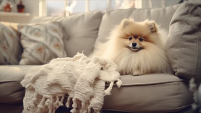 Cute Pomeranian dog on sofa in room decorated for Christmas Ai generated