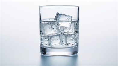 A clear glass filled with water and ice cubes