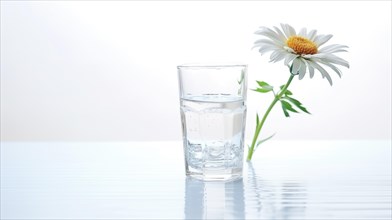 A single white daisy beside a glass of water on a reflective surface