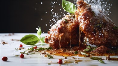 Crispy fried chickens with spices and herbs on a dark background. Ai generated
