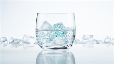 A glass half-filled with water and ice cubes