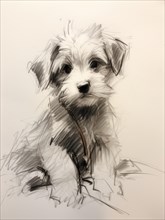 A monochrome sketch of a cute puppy with expressive eyes