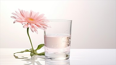 A pink flower rests on its side beside a glass of water on a reflective surface