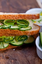 Fresh vegetarian sandwich with garlic cheese dip salad on rustic table