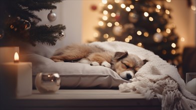 Cute dog sleeping on sofa in room with Christmas tree and lights Ai generated