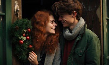 Young couple smiling together near home door decorated with mistletoe. Christmas holidays Ai generated