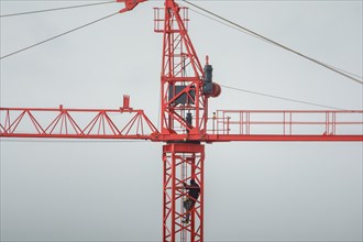 Professional crane operator inspecting the crane at high altitude