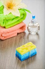 Bath sponge Soap Flower bottle and towels