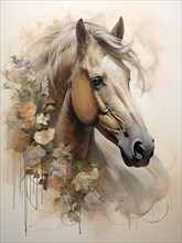 An elegant painting of a horse with flowers in beige