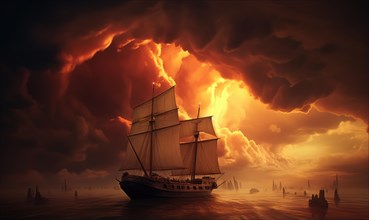 Sailing ship in the sea at sunset. Scenic background with ship with white sails on the sea
