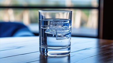 A glass of water with ice cubes on a wooden table