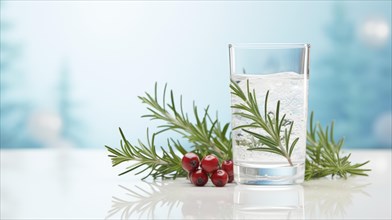 A clear glass of water decorated with pine branches and red berries on a reflective surface with a light blue backdrop Ai generated