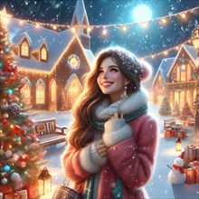 Portrait of a young cheerful woman with red lips and curly hair in a knitted sweater smiles and holding a red Christmas ball covering her eyes with it against the background of a Christmas decorated C...