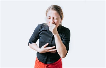 Young woman suffering from cough isolated. Girl with bronchitis coughing hard isolated