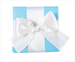 Blue gift box with white ribbon view from the top isolated