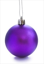 Single blue coloured Christmas bauble against a white background