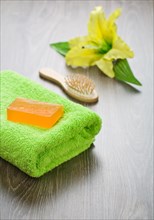 Bathing objects on a wooden background