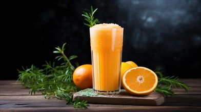Fresh orange juice with ice and rosemary on a wooden background Ai generated