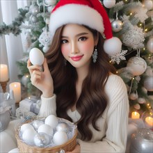 Portrait of a young cheerful woman with red lips and curly hair in a knitted sweater smiles and holding a decorated easter egg next to decorated Christmas tree at a holiday in December. AI Generated