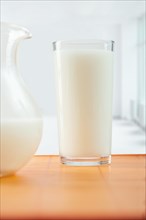 Glass of milk and jug on the table
