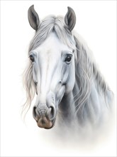 A digital art portrait of a serene white horse with elegant features