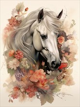 Artistic illustration of a white horse surrounded by a tranquil floral arrangement in pastel colors Ai generated