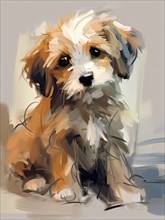Digital painting of a cute brown and white puppy with expressive eyes Ai generated