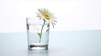 A single daisy in a clear glass of water against a light blue backdrop conveys a sense of freshness and simplicity Ai generated