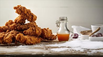 Homemade deep fried chicken nuggets with honey and spices on wooden background. Ai generated
