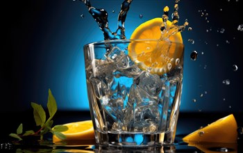 A glass filled with ice and water with a splash created by a lemon slice against a blue atmospheric backdrop Ai generated
