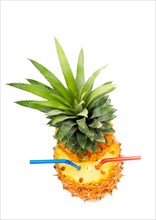Ripe vivid pineapple with red and blue straw isolated over white background