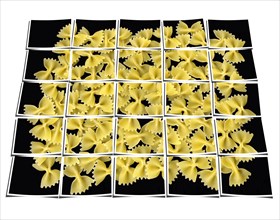 Bow tie pasta collage composition of multiple images over white