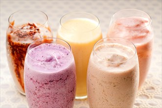 Selection of fresh fruits colorful long drink cocktails