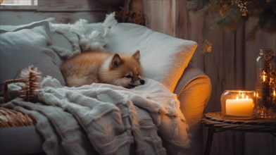 Cute little dog sleeping on sofa in room with Christmas tree and lights